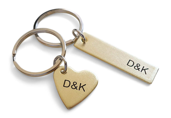 Personalized Small Heart Keychain and Rectangle Keychain Engraved with Initials; Brass, Bronze, Copper, Aluminum Options; Anniversary Couples Keychain