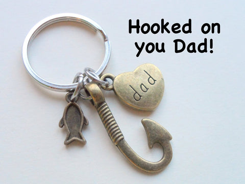 Bronze Dad Fish Hook Keychain with Little Fish Charm - Hooked on You Dad; Father's Keychain