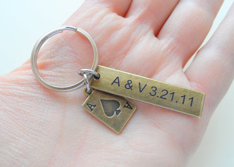 Bronze Ace Charm Keychain with Custom Engraved Tag Keychain, Couples Gift, 8 Year Anniversary or 19 Year Anniversary Gift