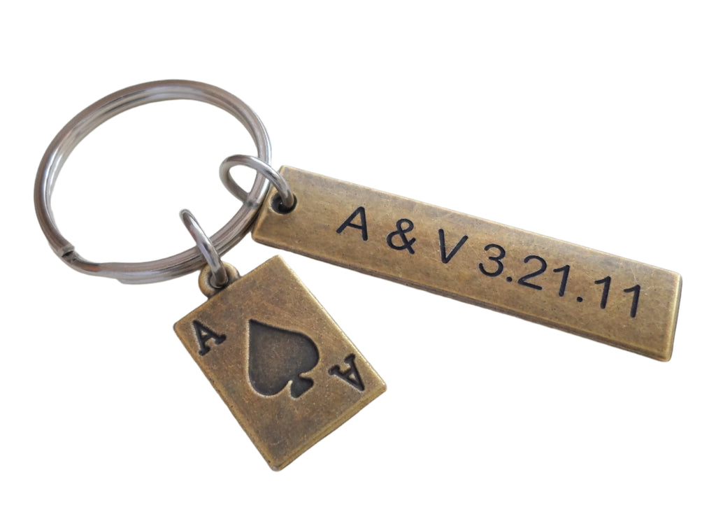 Bronze Ace Charm Keychain with Custom Engraved Tag Keychain, Couples Gift, 8 Year Anniversary or 19 Year Anniversary Gift