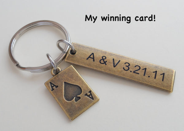 Bronze Ace Charm Keychain with Custom Engraved Tag Keychain, Couples Gift, 8 Year Anniversary or 19 Year Anniversary Gift