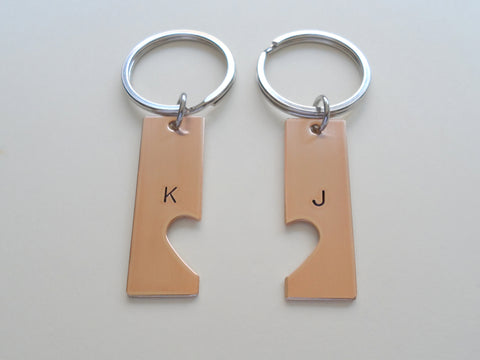 Personalized Bronze Keychains With Cutout Matching Heart Shape, Hand Stamped with Initial; Handmade Anniversary Couples Keychain