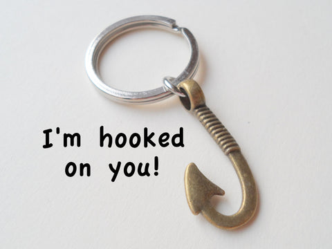 Bronze Fish Hook Keychain - I'm Hooked On You; Couples Keychain