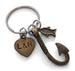 Personalized Bronze Fish Hook Keychain with Tiny Fish Charm - I'm Hooked On You; Couples Keychain