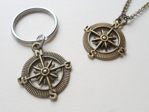 Bronze Open Metal Compass Necklace and Keychain Set - I'd Be Lost Without You; Couples Keychain Set