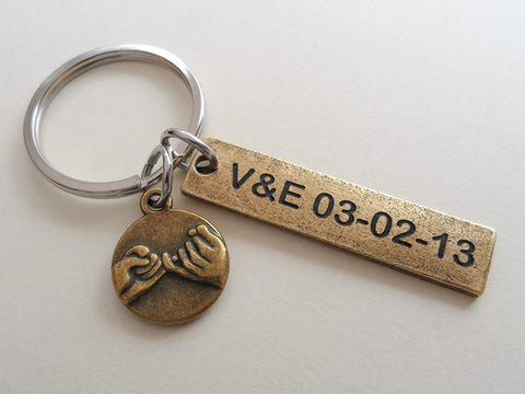 Bronze Pinky Promise Charm Keychain with Custom Engraved Tag, Couples Gift, 8 Year Anniversary or 19 Year Anniversary Gift