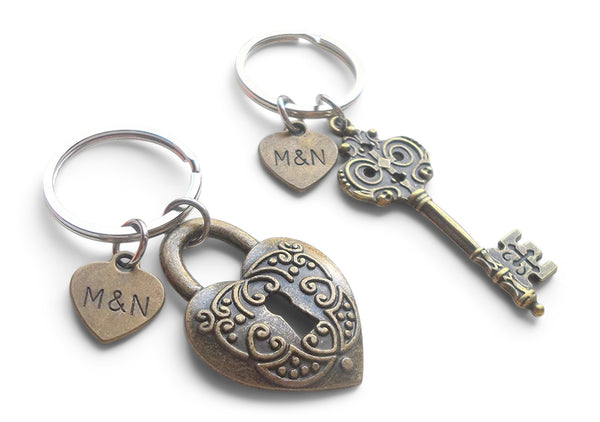 Large Bronze Key and Heart Lock Keychain Set- You've Got The Key To My Heart; 8 Year Anniversary Gift, Couples Keychain Set, Custom Engraved Option