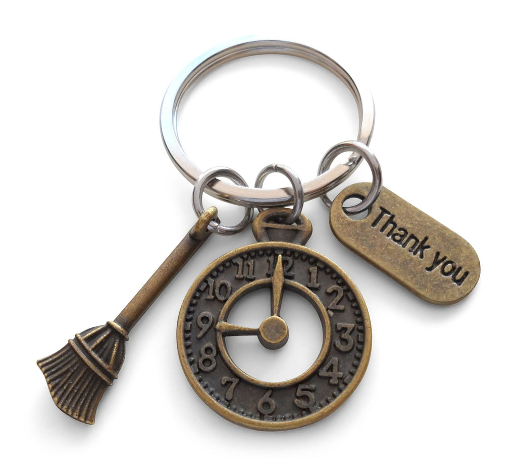 Housekeeping Appreciation Gift Keychain; Bronze Clock, Broom, Thank You Charm Keychain
