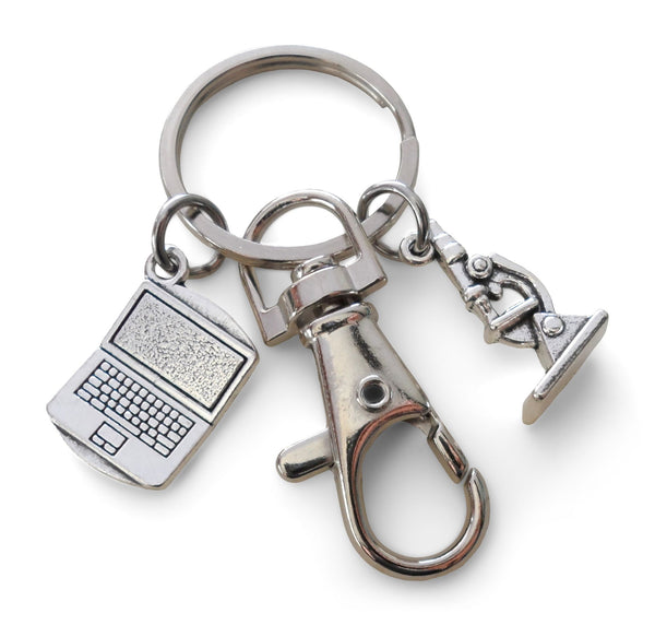 Science Keychain with Computer Laptop & Microscope Charm, and Swivel Clasp Hook, Lab Student or Teacher Keychain