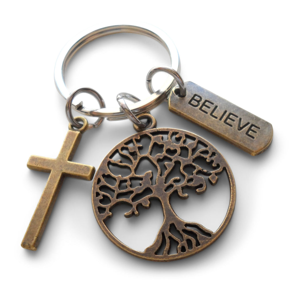 Bronze Tree, Cross, & Believe Charm Keychain, Religious Teacher Gift, Neighbor Gift