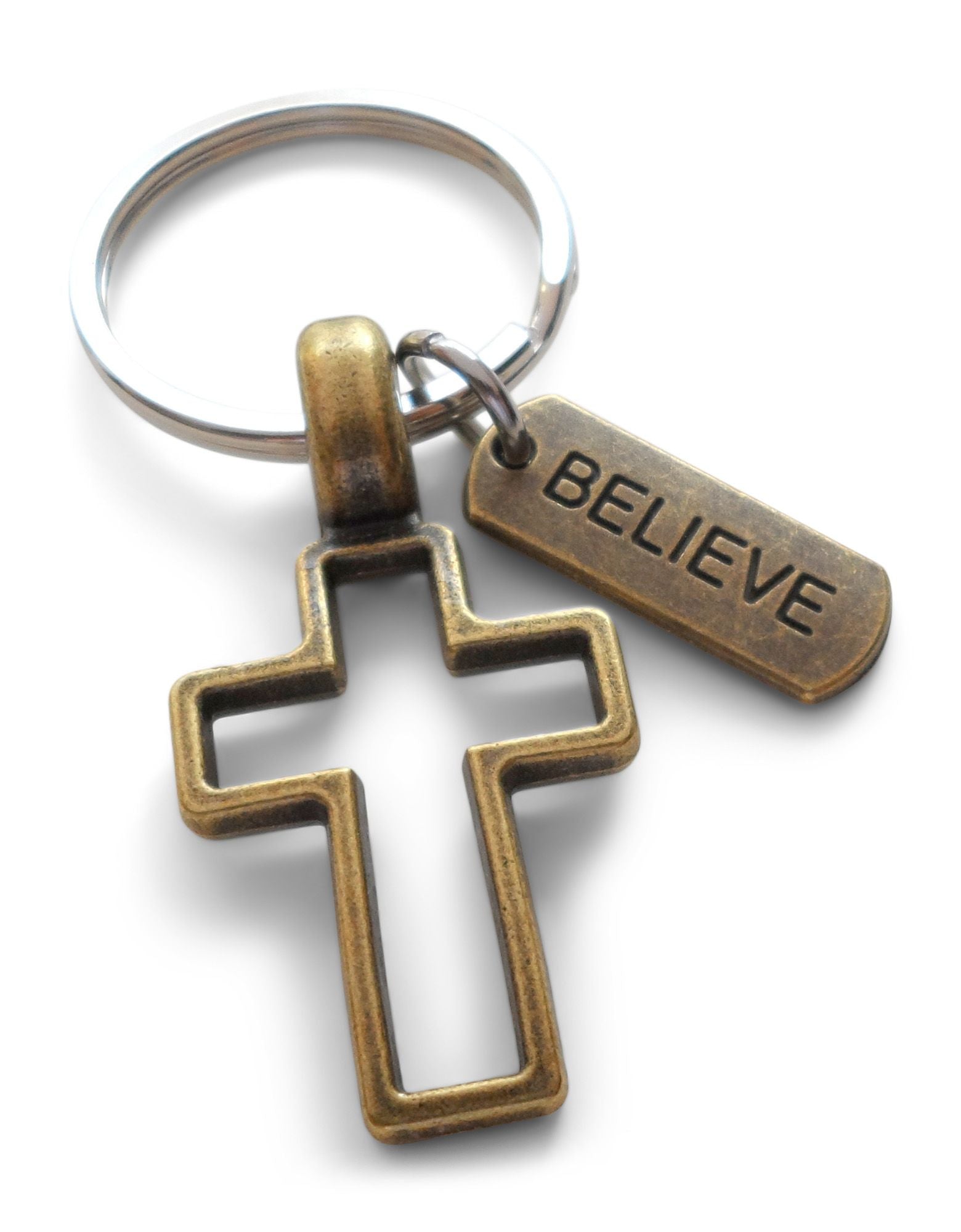 JewelryEveryday Bronze Cross Keychain with Believe Tag Charm, Religious Keychain