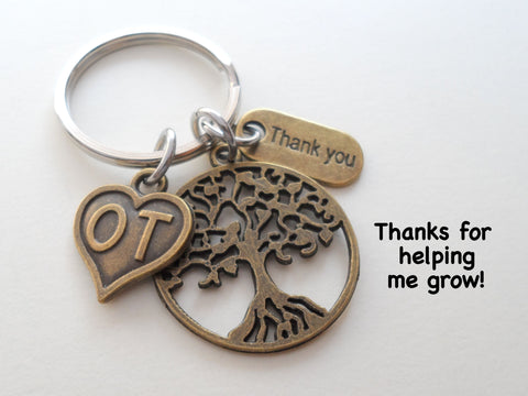 Occupational Therapist Keychain with Bronze Tree, OT Heart, and Thank You Charm, OT Appreciation Gift