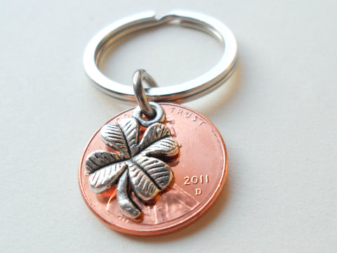 Clover Charm Layered Over 2011 Penny Keychain; 11 Year Anniversary Gift, Birthday Gift, Couples Keychain