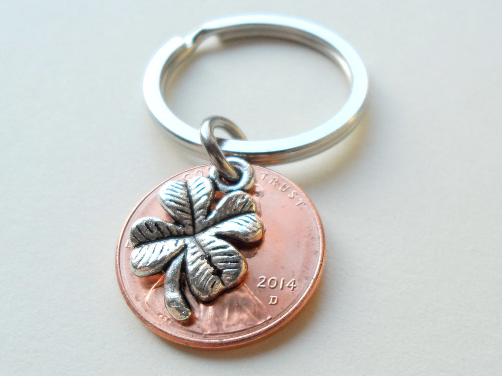 Clover Charm Layered Over 2014 Penny Keychain; 8 Year Anniversary Gift, Birthday Gift, Couples Keychain