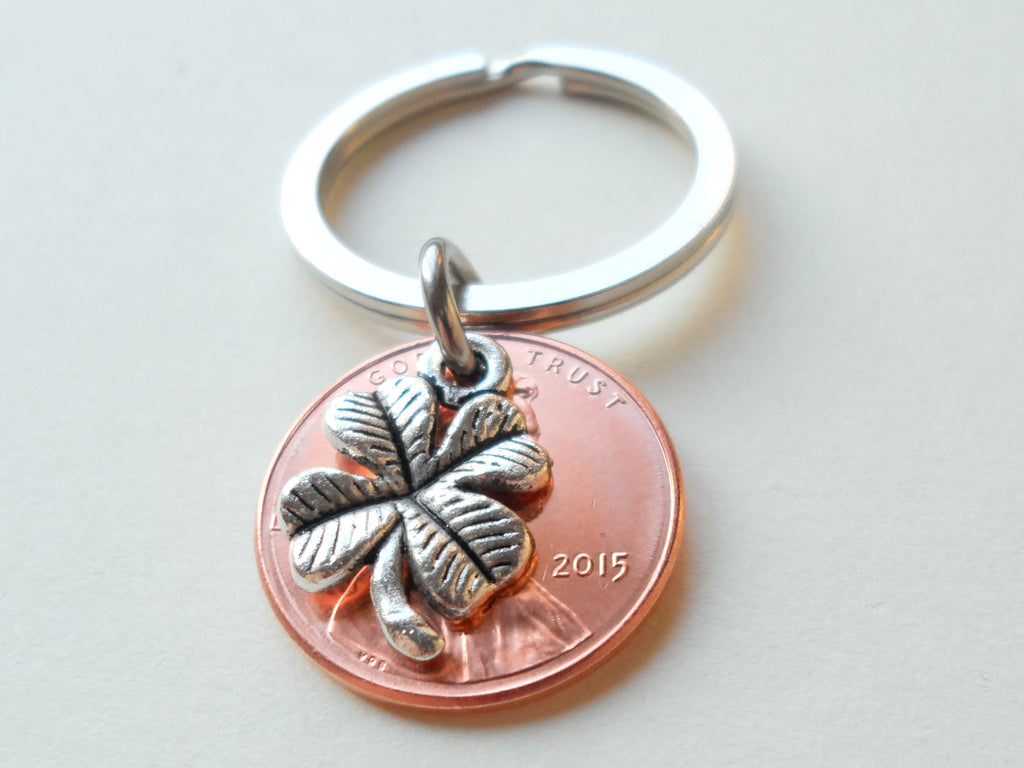 Clover Charm Layered Over 2015 Penny Keychain; 7 Year Anniversary Gift, Birthday Gift, Couples Keychain