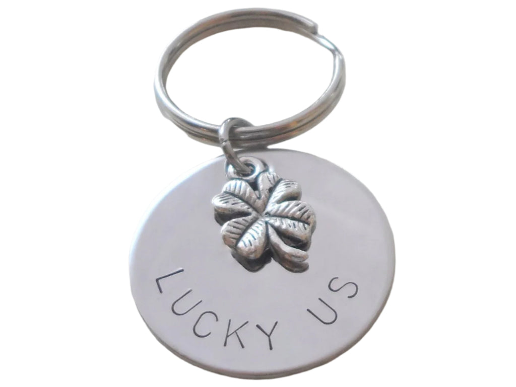 Shamrock/Clover Charm Layered Keychain with "Lucky Us" Hand Stamped Steel Disc; Hand Stamped Couples Keychain