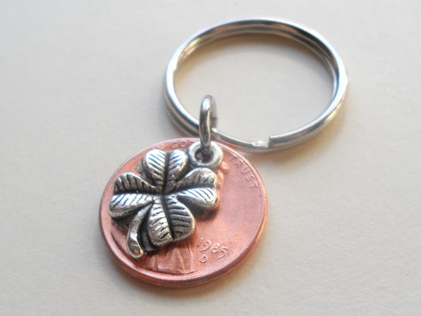 Clover Charm Layered Over 1985 Penny Keychain; 37 Year Anniversary Gift, Birthday Gift, Couples Keychain