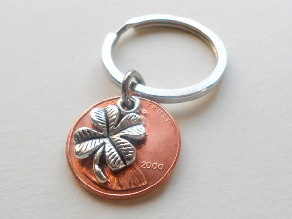 Clover Charm Layered Over 2000 Penny Keychain; 22st Year Anniversary Gift, Birthday Gift, Couples Keychain
