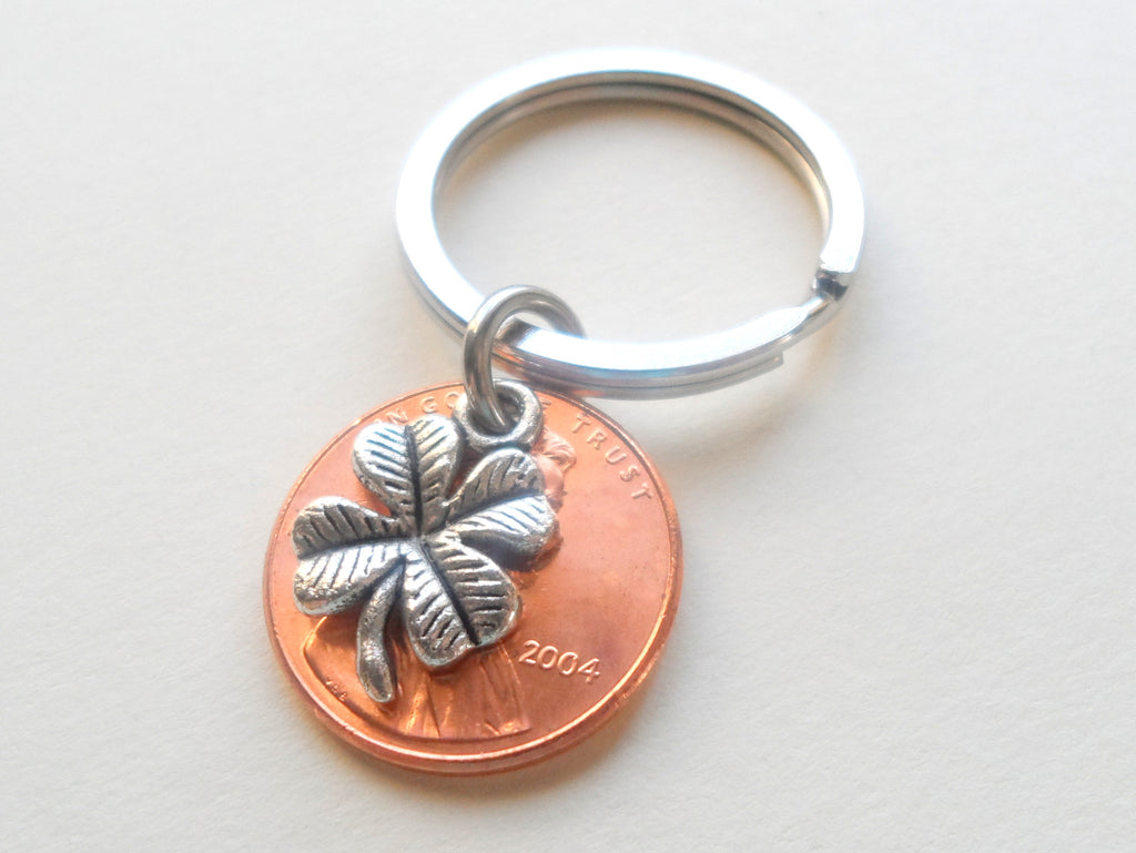 Clover Charm Layered Over 2004 Penny Keychain; 18 Year Anniversary Gift, Birthday Gift, Couples Keychain