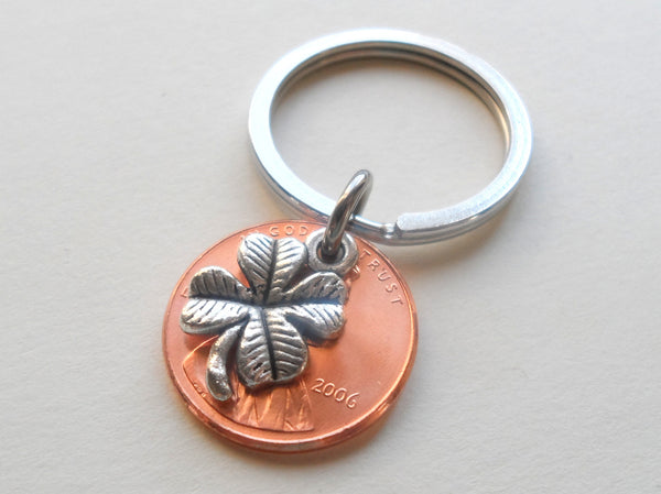 Clover Charm Layered Over 2006 Penny Keychain; 16 Year Anniversary Gift, Birthday Gift, Couples Keychain