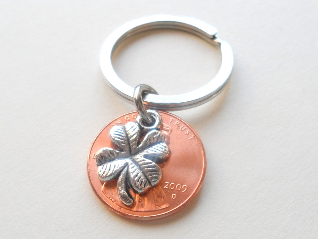 Clover Charm Layered Over 2009 Penny Keychain; 13 Year Anniversary Gift, Birthday Gift, Couples Keychain