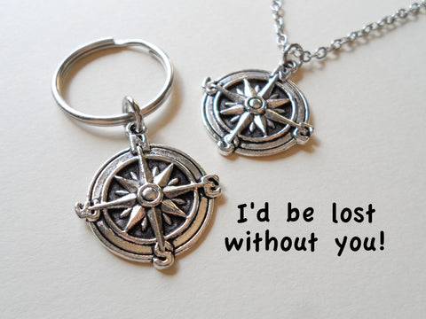 Compass Necklace & Compass Keychain Set - I'd Be Lost Without You; Couples Keychain