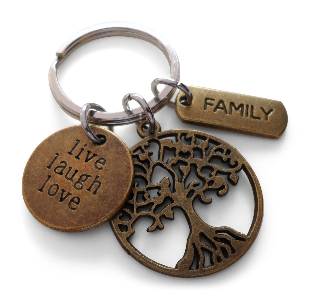 Bronze Family Tree Charm Keychain with Live Laugh Love Disc Charm, Family Reunion Gift