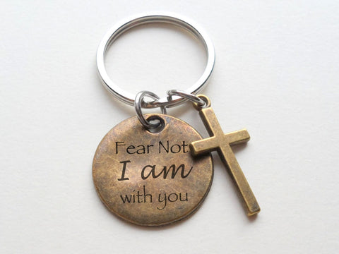 Bronze Cross Charm Keychain with Engraved "Fear Not I am With You" Disc, Religious Christian Keychain