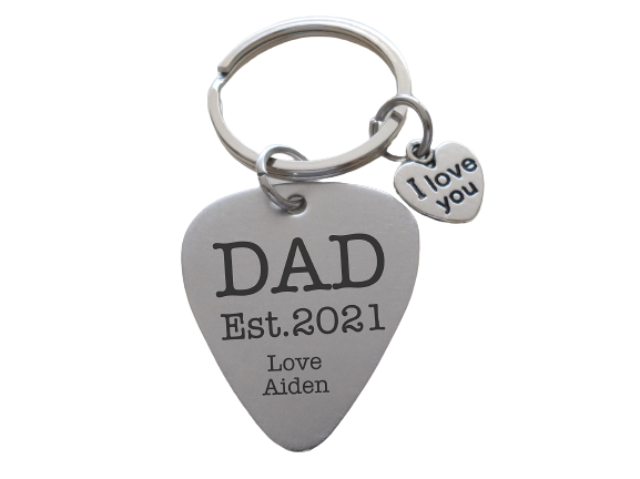 Custom Engraved Stainless Steel Guitar Pick Keychain with Heart Charm for Father's Day or Gift for Dad