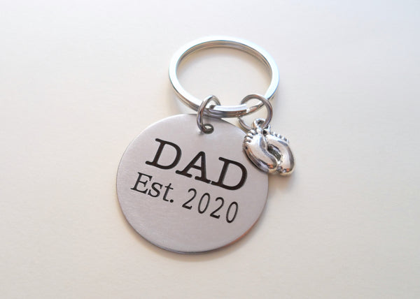 Dad Est. 2020 Disc Keychain with Baby Feet Charm; Father's Keychain