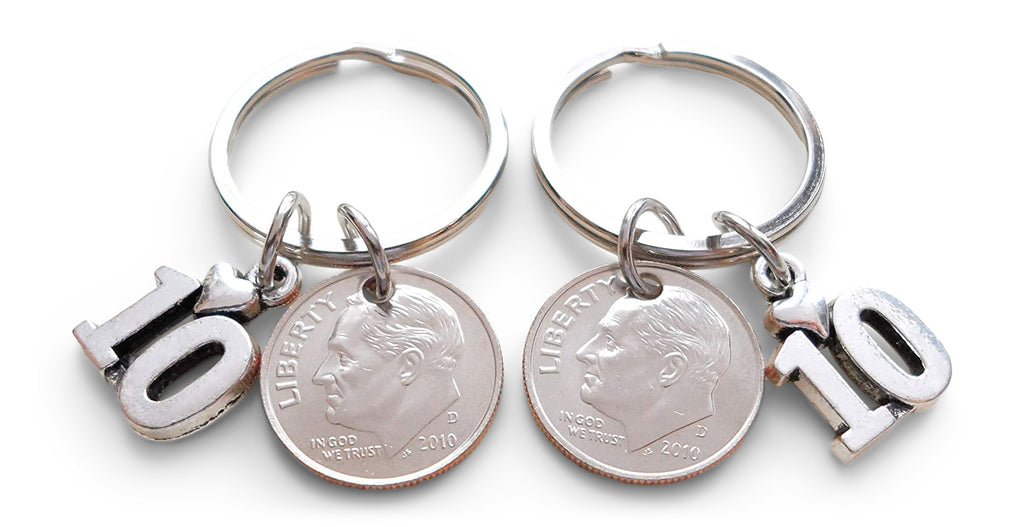 10 Year Anniversary Gift • Double Keychain Set 2012 Dime Keychains w/ Number 10 Charm by Jewelry Everyday
