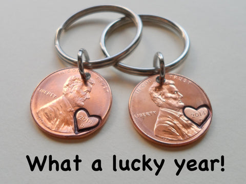 Double Keychain Set 2014 Penny Keychains with Engraved Heart Around Year; 8 Year Anniversary Gift, Couples Keychain