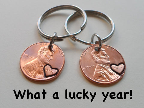 Double Keychain Set 2015 Penny Keychains with Engraved Heart Around Year; 7 Year Anniversary Gift, Couples Keychain