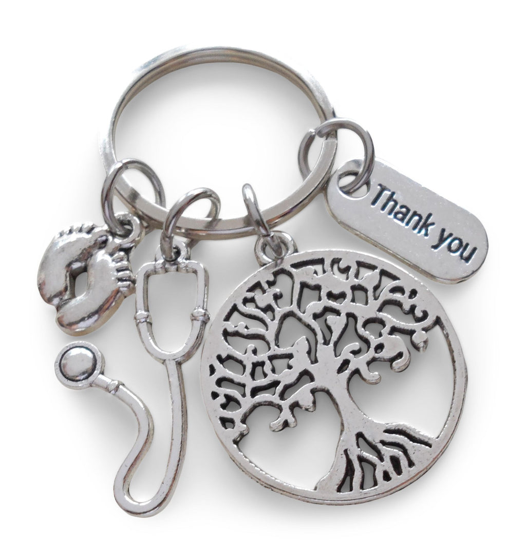 Pediatric Health Care Charm Keychain, Nurse Appreciation Keychain, Tree & Stethoscope, and Baby Feet Charm