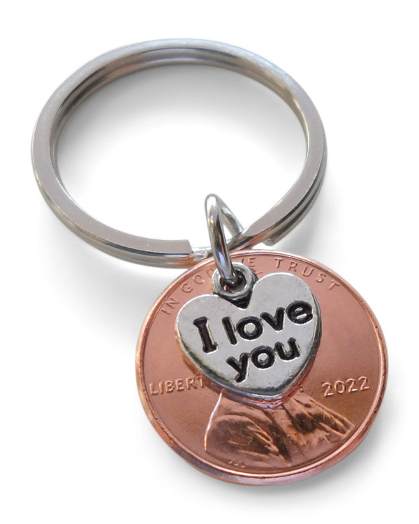 I Love You Heart Charm Layered Over 2022 US One Cent Penny Keychain; Anniversary, Couples Keychain