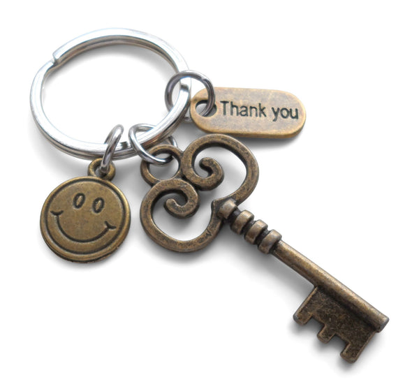 Swirl Design Bronze Key Keychain with Smiley Face Charm, Employee Appreciation Gift, Volunteer Gift - You Are a Key Part of Our Team