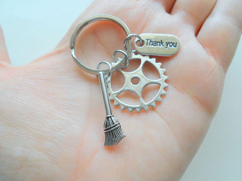 Housekeeping Appreciation Gift Keychain; Gear, Broom, & Thank You Charm Keychain