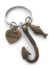 Bronze Gone Fishin' Fish Hook Charm Keychain with Small Fish Charm