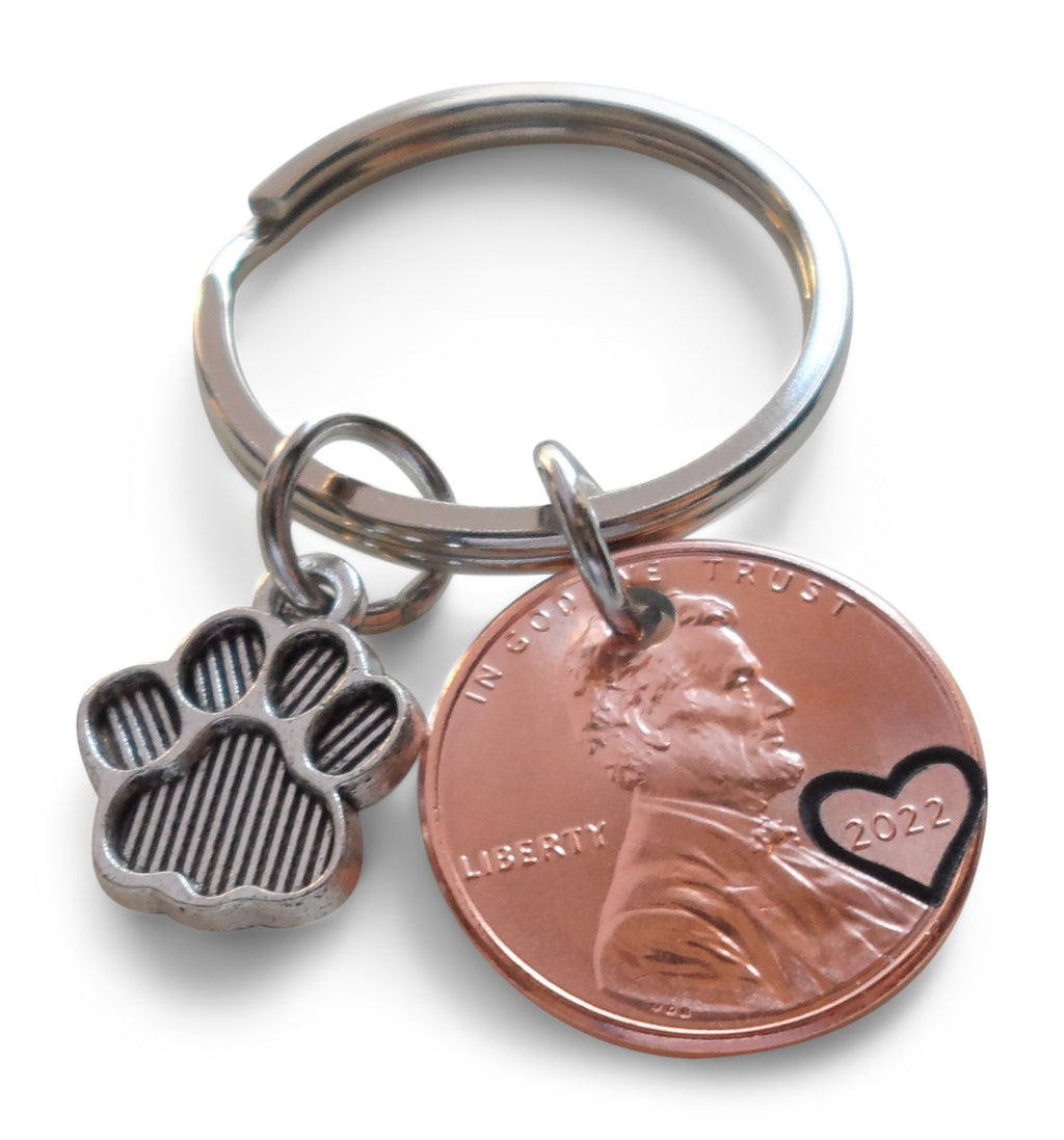 US One Cent Penny Keychain with Heart Around Year & Paw Print Charm, New Pet Adoption Keychain