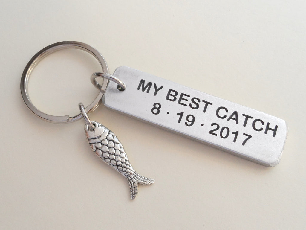 Personalized "My Best Catch" Keychain With Engraved Anniversary Date on Aluminum Tag With Fish Charm Keychain, Couples Keychain