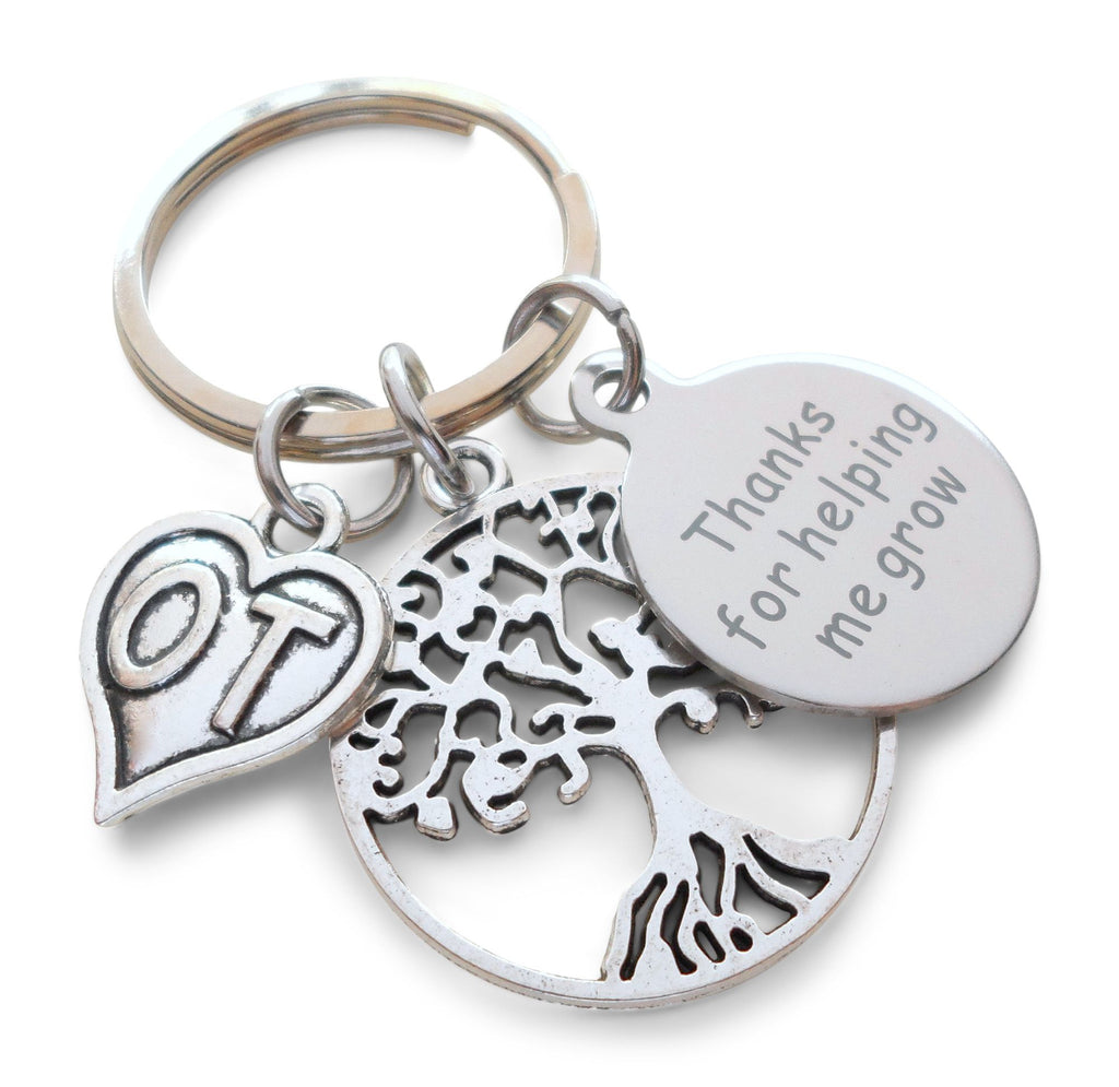 Occupational Therapist Keychain with Tree, OT Heart, and a Thanks for Helping Me Grow Disc Charm, OT Appreciation Gift