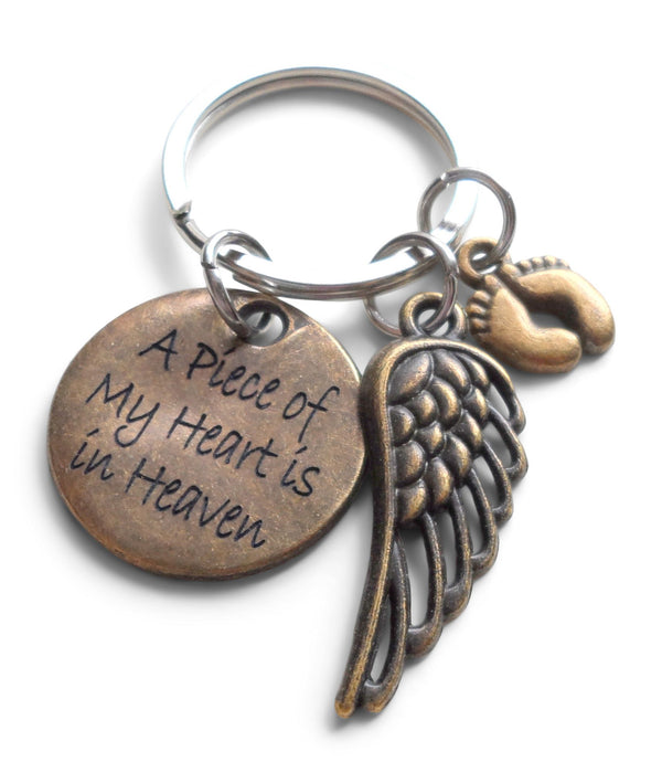 A Piece of My Heart is in Heaven Baby Feet Charm Memorial Keychain, Bronze Engraved Disc, Feet, & Wing Charm