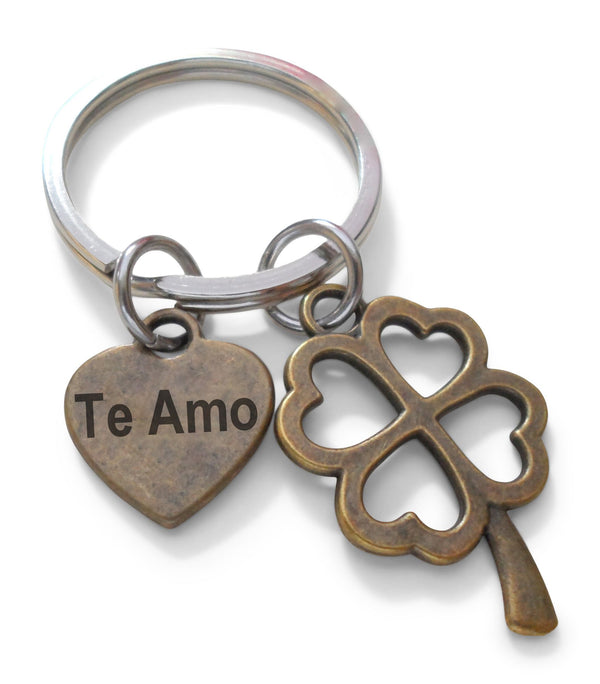 Bronze Clover Charm Keychain with Heart Tag Engraved "Te Amo" (I Love You) in Spanish, Couples Keychain