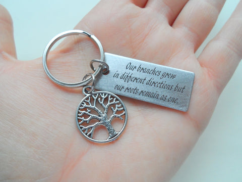 Family Tree Keychain With Engraved Saying Rectangle Tag, Family Reunion Gift