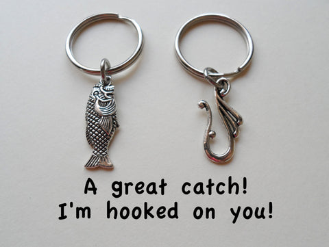 Fancy Hook & Fish Keychain Set - A Great Catch, I'm Hooked On You; Couples Keychain Set