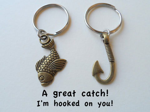 Bronze Fish and Hook Keychain - I'm Hooked On You; Couples Keychain