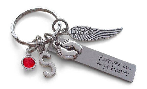 Personalized Forever in My Heart Keychain, Engraved Steel Rectangle Tag with Baby Feet and Wing Charm