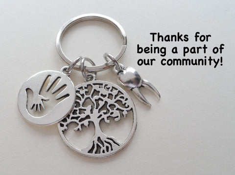 Dental Assistant, Pediatric Dental Office Staff, Orthodontics Gift Keychain, Hand in Hand, Tooth & Tree Charm Keychain, Employee Thank You Gift