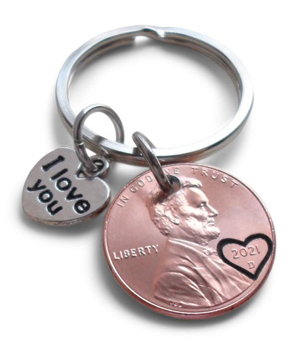 2021 US One Cent Penny Keychain with Heart Around Year & I Love You Heart Charm; Anniversary, Couples Keychain