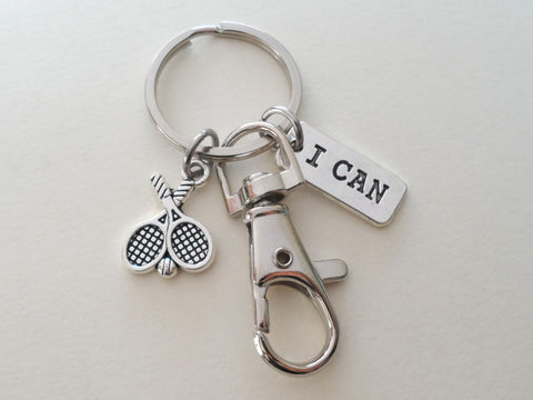 Tennis Keychain with I Can Charm and Swivel Clasp Hook, Tennis Player or Teacher Keychain